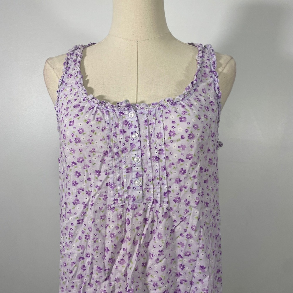 Carole Hochman Small 100% Cotton Purple Ruffle Floral Print Henley PJ Dress - Picture 2 of 7